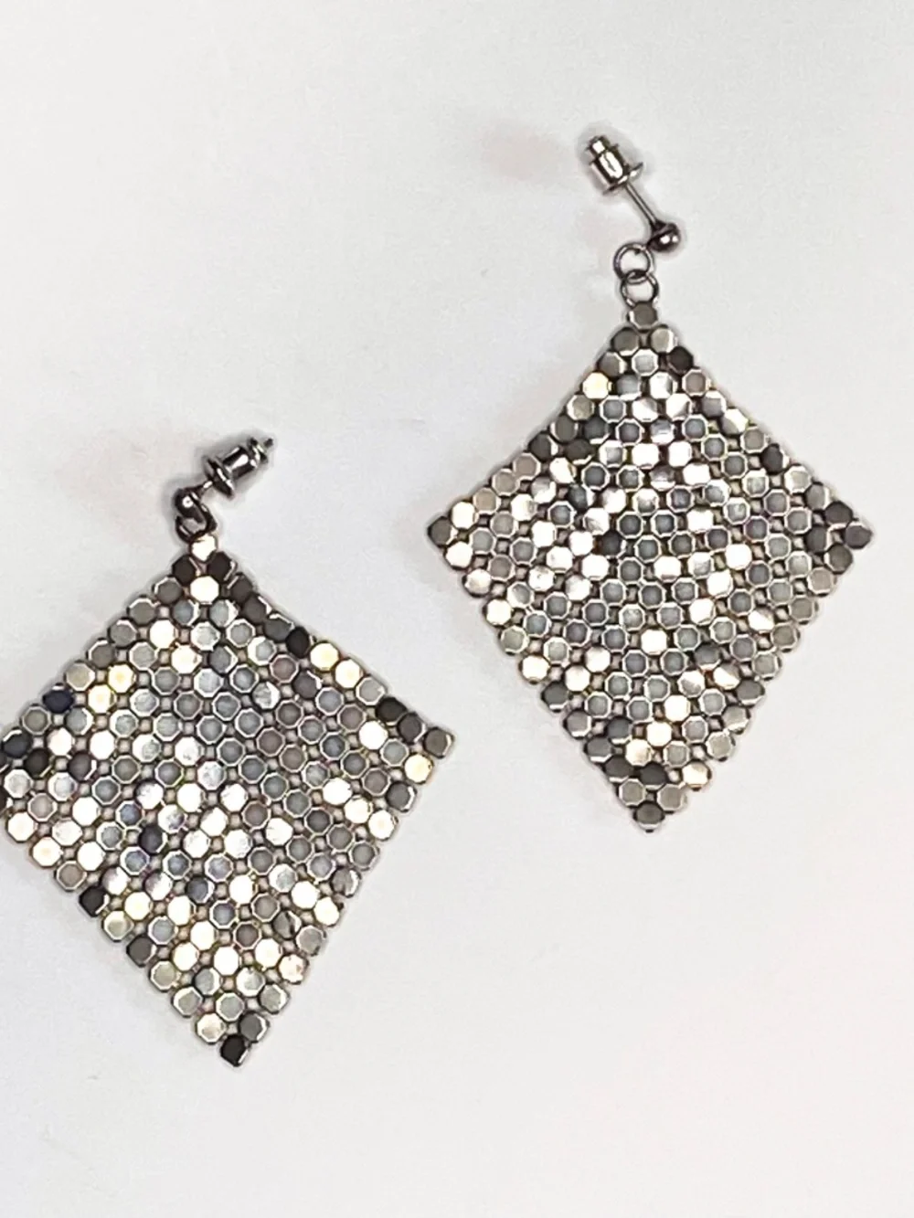 Vintage Silver Tone Metal Mesh Dangle Earrings Statement Shimmer Sparkle